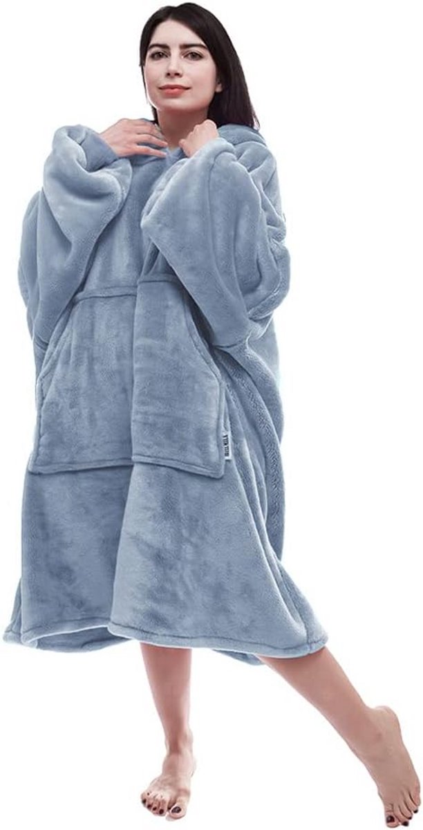 Extra lange, warme deken hoodie met mouwen en gigantische zak