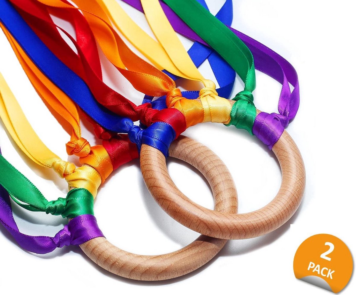 WoodyDoody Regenboog Ring Set van 2 Stuks Buitenspeelgoed Rammelaar Bijtspeelgoed Strandspeelgoed van Hout Speelgoed Ringen met Regenboog Lintjes Speelgoed Kinderen - Houten Speelgoed Baby Peuter Speelgoed