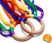 WoodyDoody Regenboog Ring Set van 2 Stuks Buitenspeelgoed Rammelaar Bijtspeelgoed Strandspeelgoed van Hout Speelgoed Ringen met Regenboog Lintjes Speelgoed Kinderen - Houten Speelgoed Baby Peuter Speelgoed