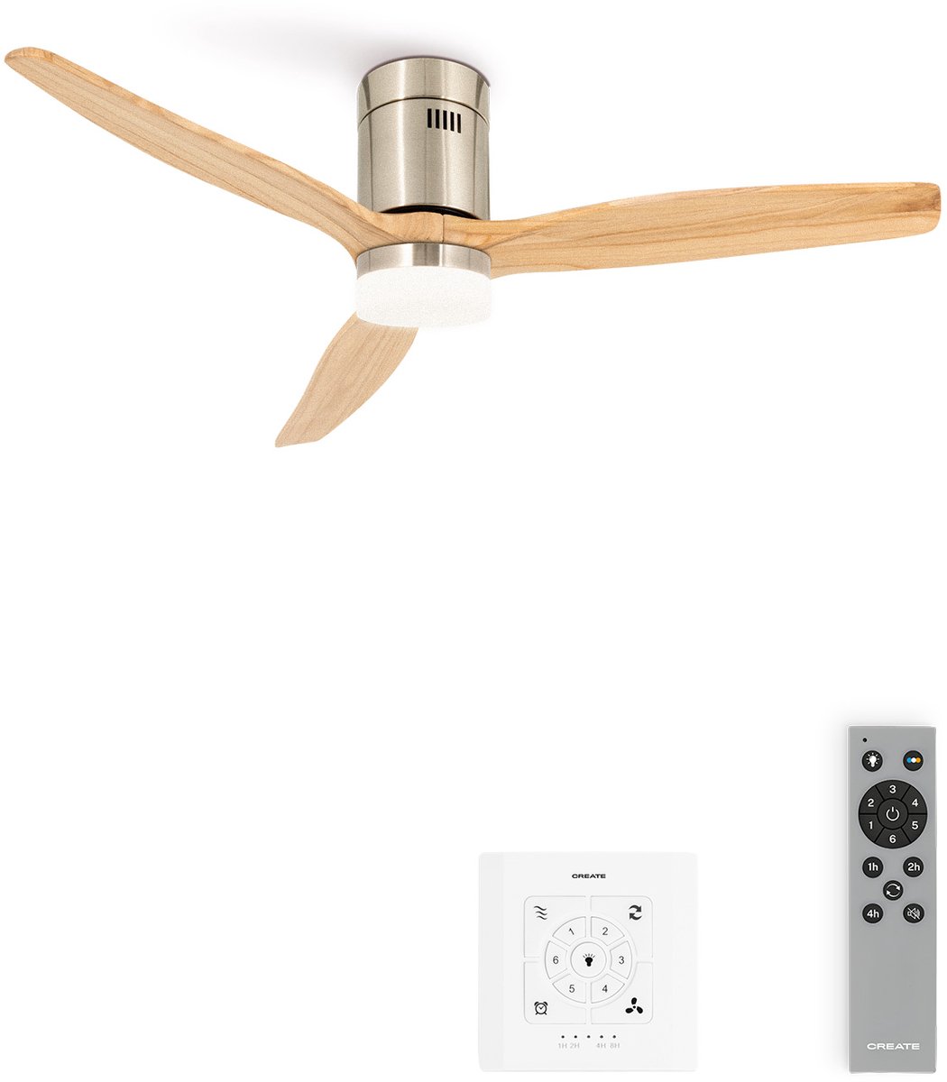 CREATE - Plafondventilator 40W silent 100% hout (Ø132cm) (ruimtes 10m²-25m²) - Nikkel / Licht hout - Met licht - Controller voor wandmontage + afstandsbediening - WIND CALM NATURAL WOOD
