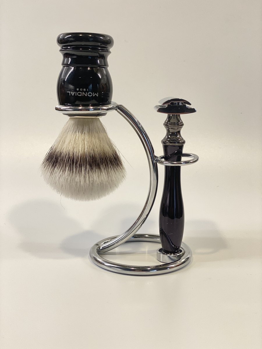 Mondial set - Houder hoog _ Scheerkwast Basic Silvertip Fibre - zwart - Safety Razor