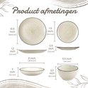 Afmetingen van beige servies: 10.5-inch dinerbord, 7.5-inch dessertbord, 8-inch diep bord en 5.5-inch kom.
