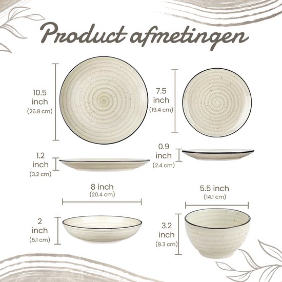 Afmetingen van beige servies: 10.5-inch dinerbord, 7.5-inch dessertbord, 8-inch diep bord en 5.5-inch kom.