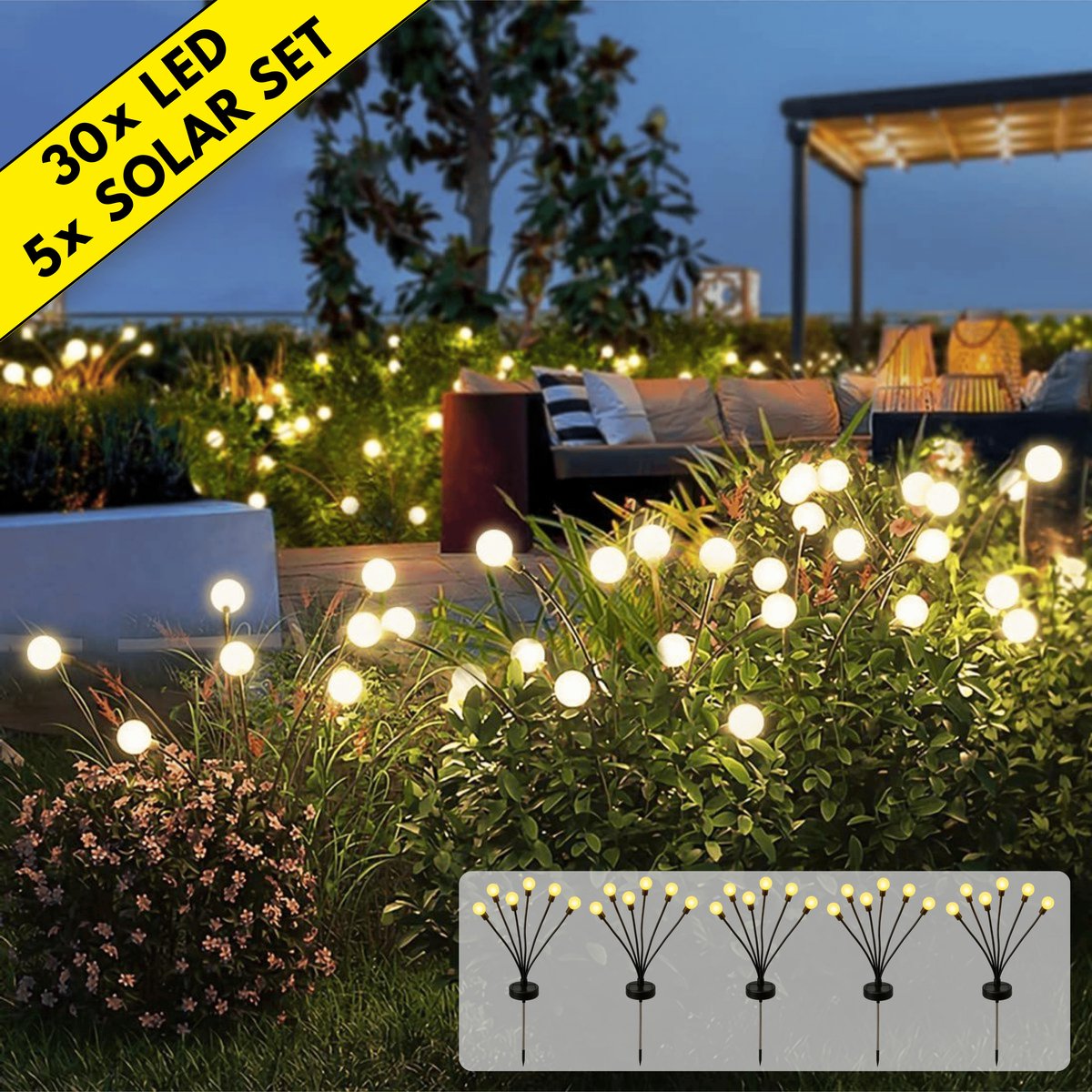 Boncy® Solar Tuinverlichting op Zonne Energie - Verbeterde Versie 5-Pack Waterdicht 30 LED Vuurvliegjes - Buiten Staand Prikspots Sfeerverlichting Buitenverlichting op Zonneenergie
