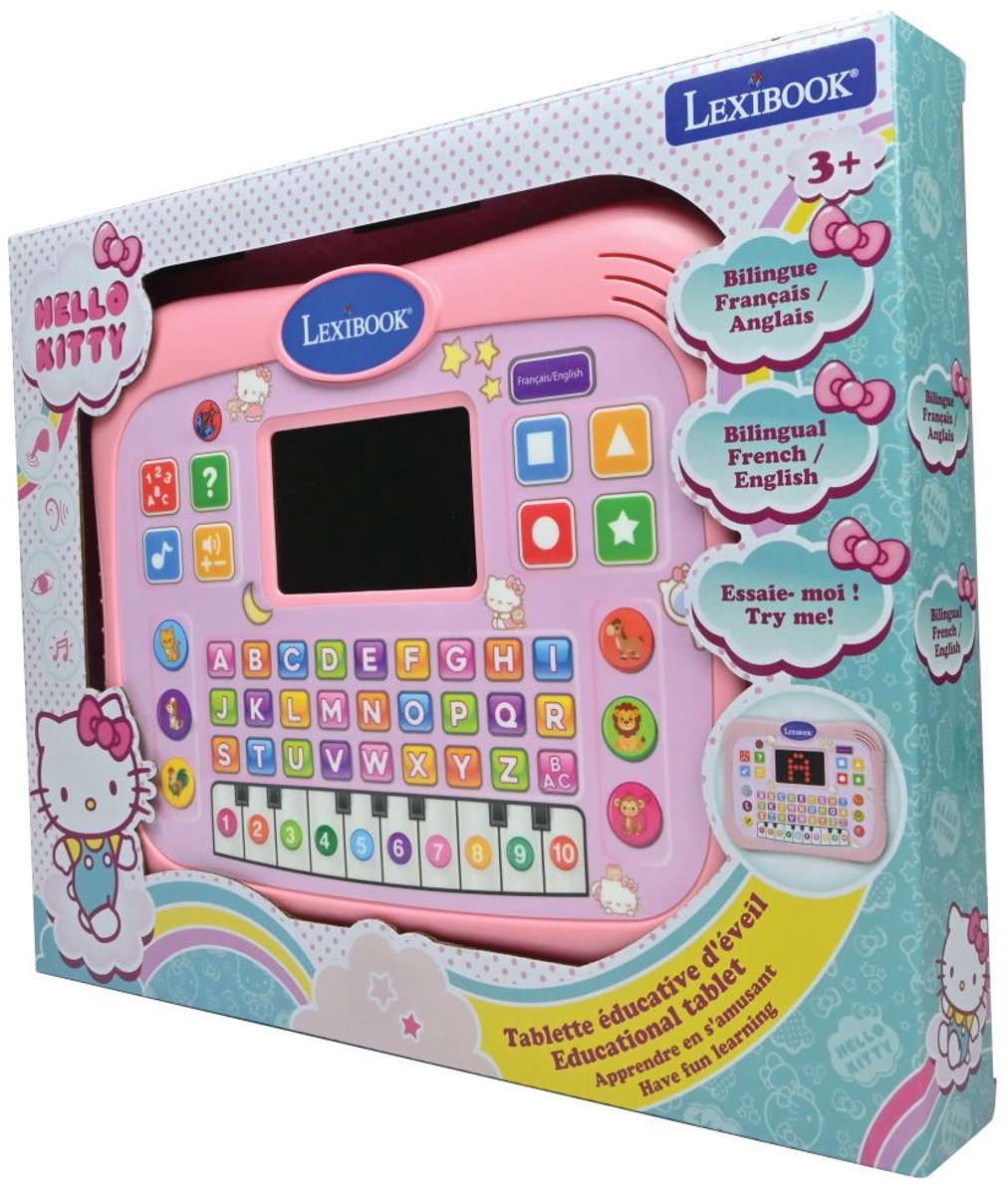 Hello Kitty ABC tweetalige educatieve tablet met touchpaneel en LED-display ter illustratie van spelinteracties in het Engels en Frans