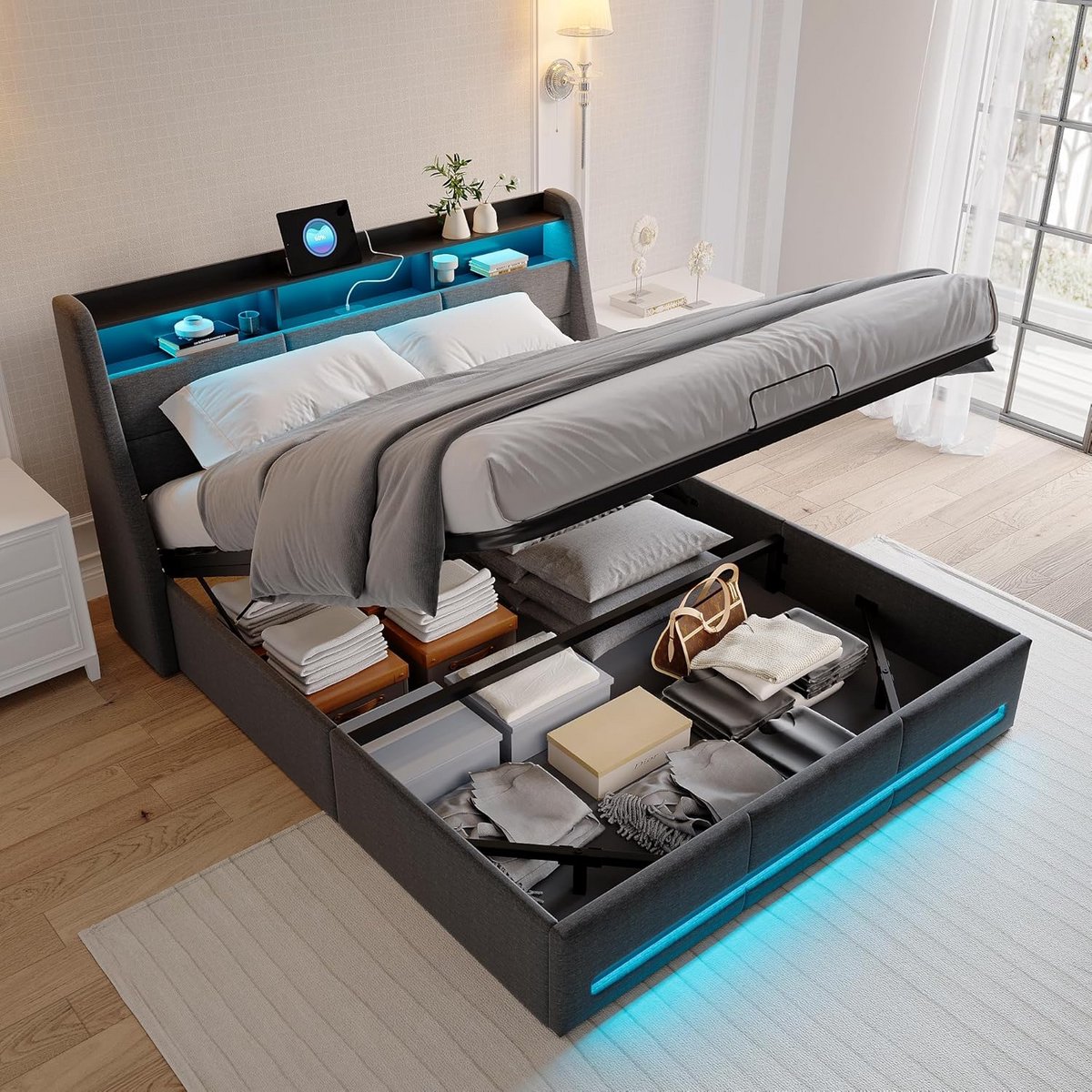 Tweepersoons Bed 140x200 cm met Opbergruimte, Hydraulisch Hefmechanisme en LED Verlichting