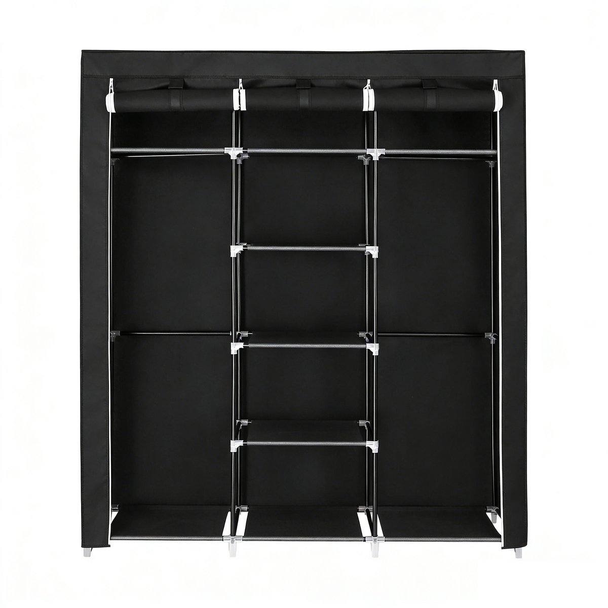 Opvouwbare kledingkast, stoffen kast, inklapbare kledinghanger 175×150×45 cm, zwart, 2 hangstangen, grote opbergruimte, afneembaar gordijn,