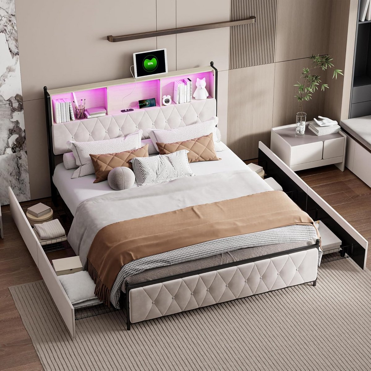Opbergbed 160x200 cm met LED Hoofdeinde, USB-C Opladen en 4 Lades - Beige Fluweel