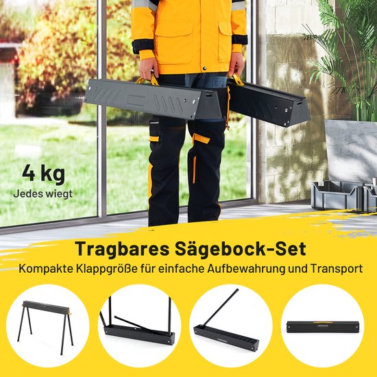 COSTWAY Werkbok, set van 2, tot 500 kg belastbaar, bokken inklapbaar, zaagbok met 2 x 4 steunarmen, draagbare inklapbare bokken met handgreep, steiger voor houtbewerking, 94 x 47 x 74 cm van Merkloos	 — afbeelding 3