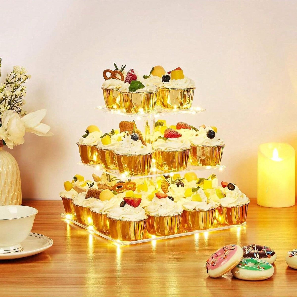 Ronde en Vierkante Cupcake Stand met 3 Niveaus en LED Verlichting