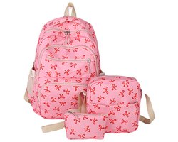 Schooltas - Rugtas - Tas - Rugtas Meisje - Schoolrugzak - 3-Pack Schattige Strik-Rugzakset - Esthetische Strik-Schooltas voor Dames en Meisjes - Grote Capaciteit Bedrukte Tas - voor Reizen, School, Woon-Werkverkeer - Roze rood