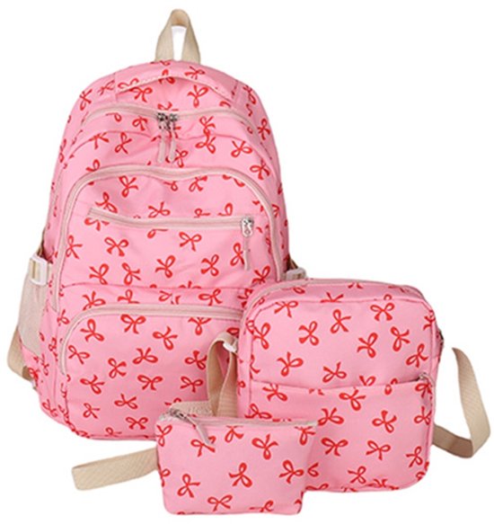 Schooltas - Rugtas - Tas - Rugtas Meisje - Schoolrugzak - 3-Pack Schattige Strik-Rugzakset - Esthetische Strik-Schooltas voor Dames en Meisjes - Grote Capaciteit Bedrukte Tas - voor Reizen, School, Woon-Werkverkeer - Roze rood