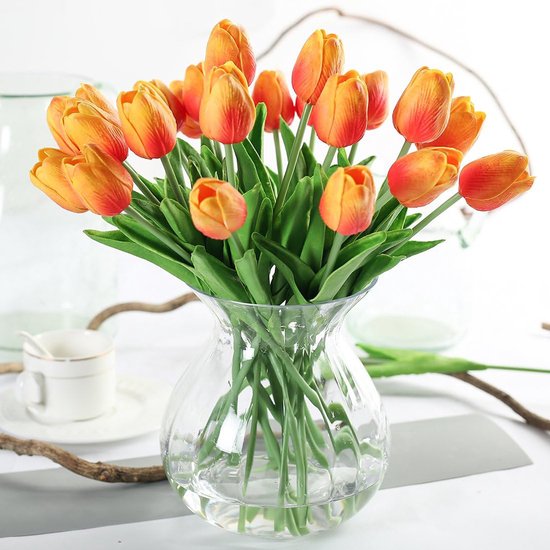 OKWISH Kunstbloemen - Valse Bloemen - Kunst Tulpen Boeket Voor Huis, Bruiloft En Party Decoratie - PU Bloemenkop Met Draad Stengel - 33cm Hoog Wit