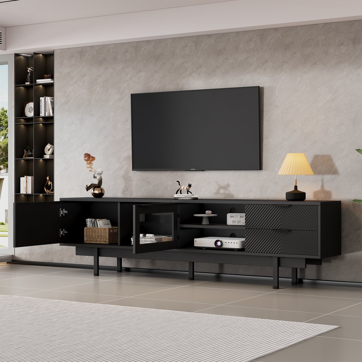 Wishdor Tv-Meubel - 2 Deuren En 2 Lades - 3-Laags Opbergontwerp - Spaanplaat En Gehard Glas - Zwart - 200 X 40 X 50,5 Cm