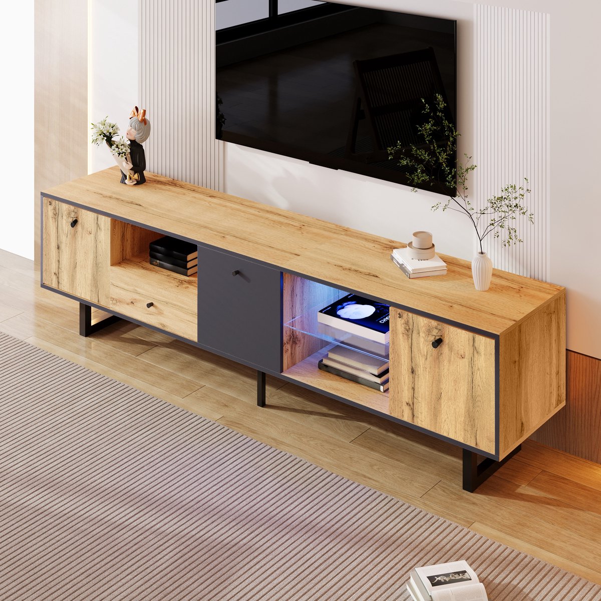 REDOM TV-meubel 190x40x50 cm van spaanplaat en metaal, industrieel design met LED-verlichting en veel opbergruimte Natuurlijk