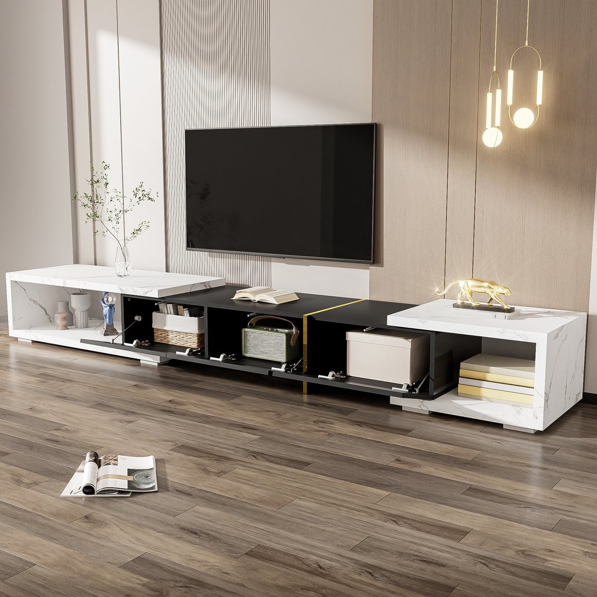 REDOM TV-meubel 140-260 cm, MDF en spaanplaat, witte marmerlook en zwart, met draaifunctie en veel opbergruimte
