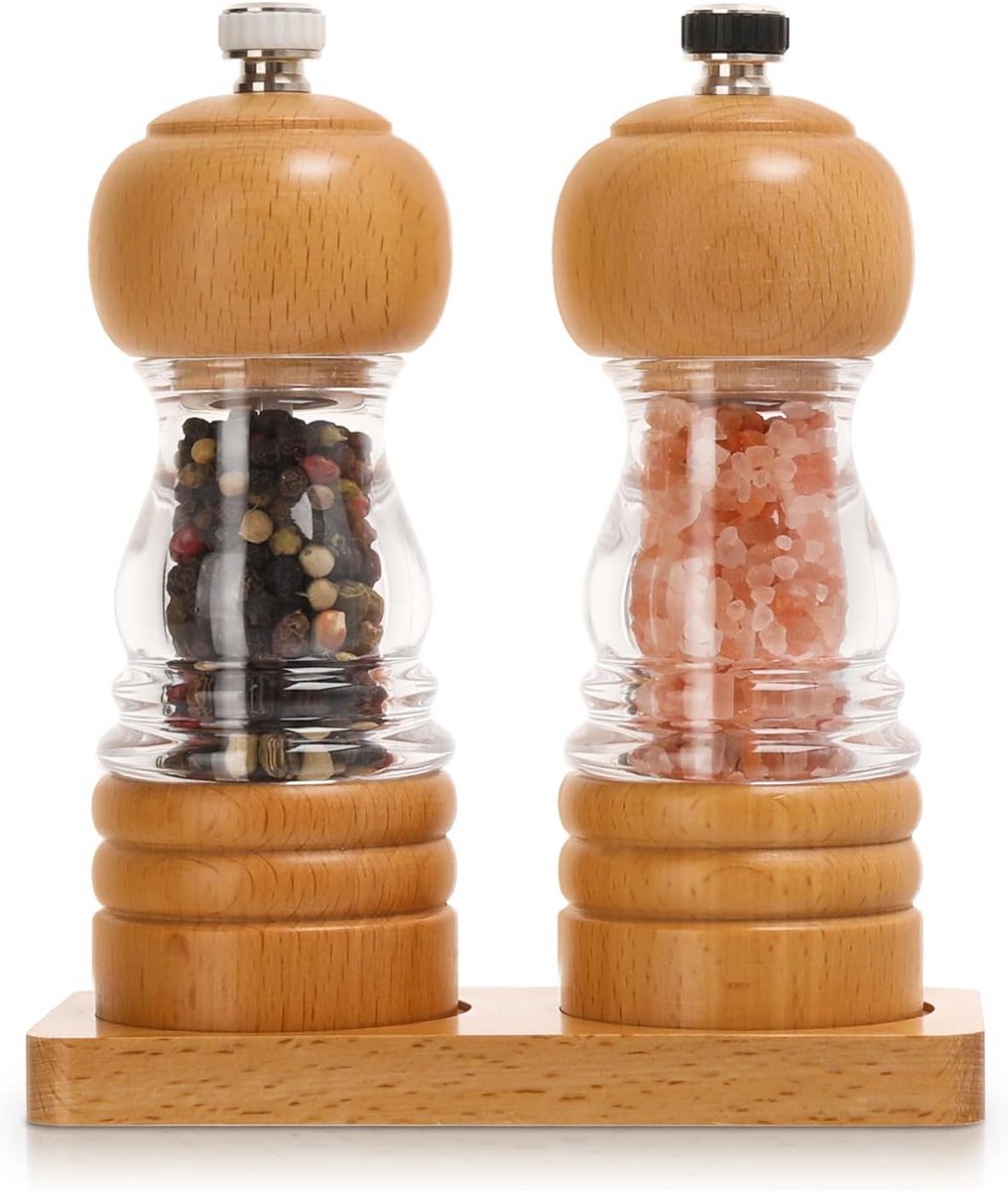 Houten Zout- en Pepermolenset - 2 Stuks Handmatig Verstelbare Molens 5 Inch