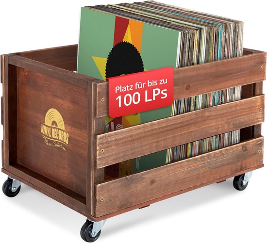 Lp Box Hout Opbergkist voor LP's en Vinylplaten met Zwenkwielen - Retro Houten ...