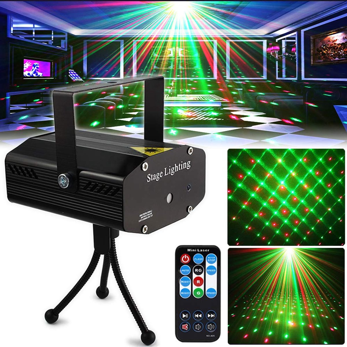 ANMI® Discolamp & Disco Laser met Afstandsbediening - DJ Stage Party Licht Projector - Auto / Sound / Stroboscoop - Rood & Groen - Dj set - Disco lichteffecten - Discolamp kinderen - Voor Feest, Verjaardag, KTV, Bar & Thuis