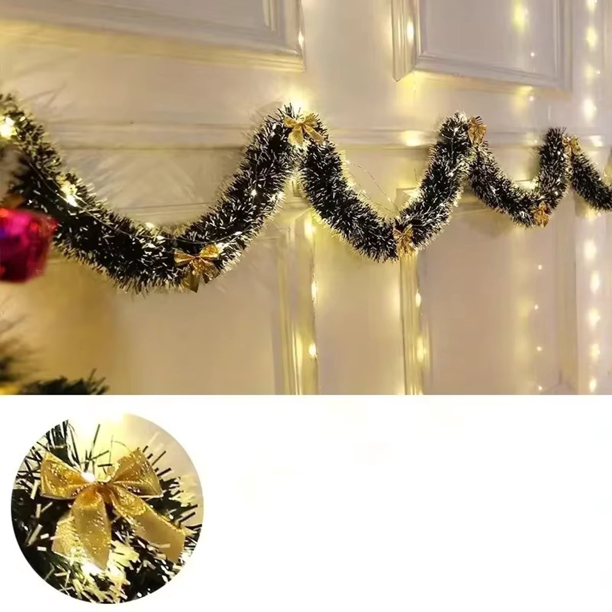 Zandarix Metallic Twist Kerstslinger 2m – Kunstkerstslinger met Warm LED Licht – Feestelijke Hangende Garland voor Open Haard & Kerstdecoratie - Geel