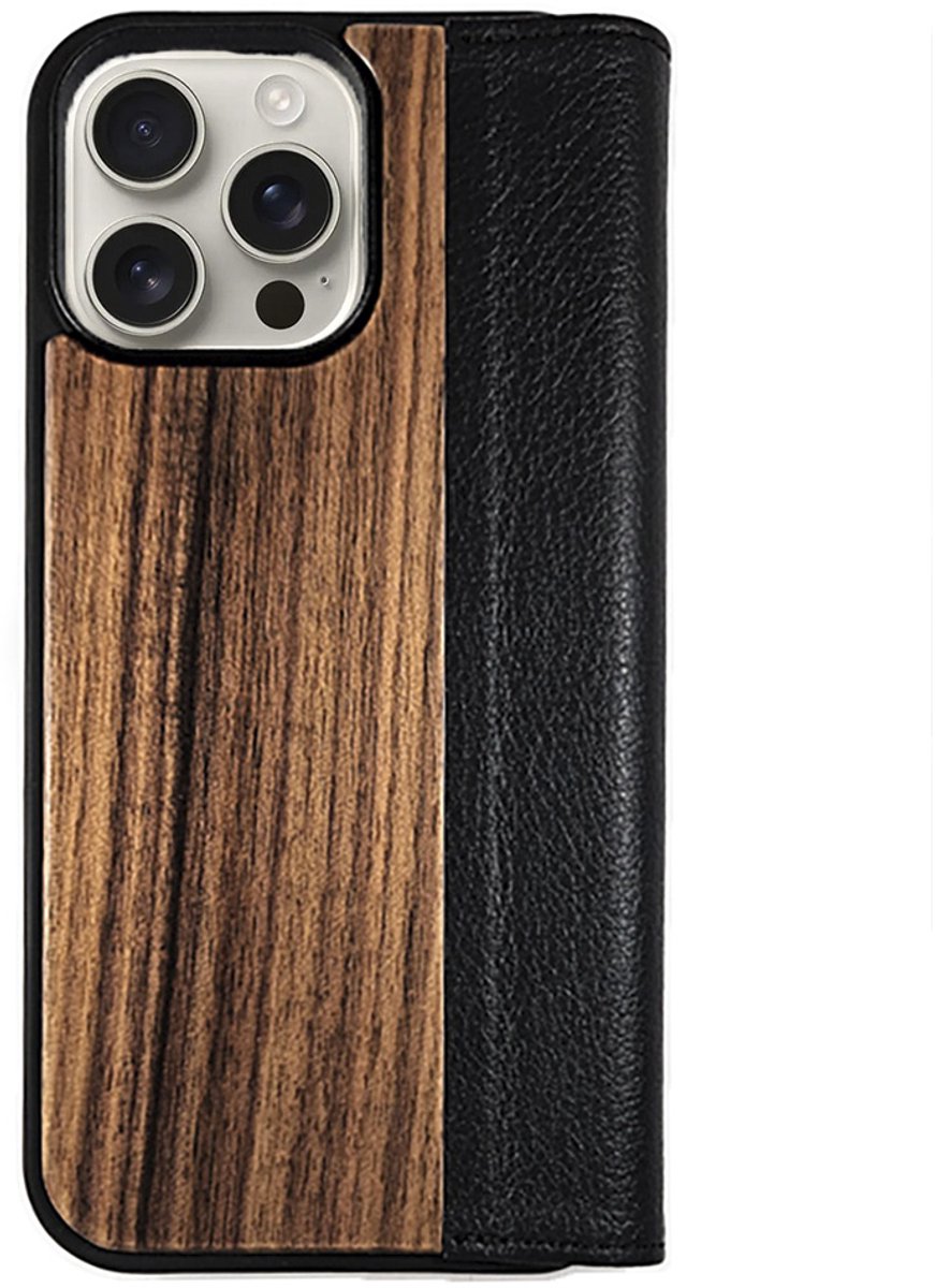 Houten flip case, iPhone 16 Pro Max – Noten met zwart leer