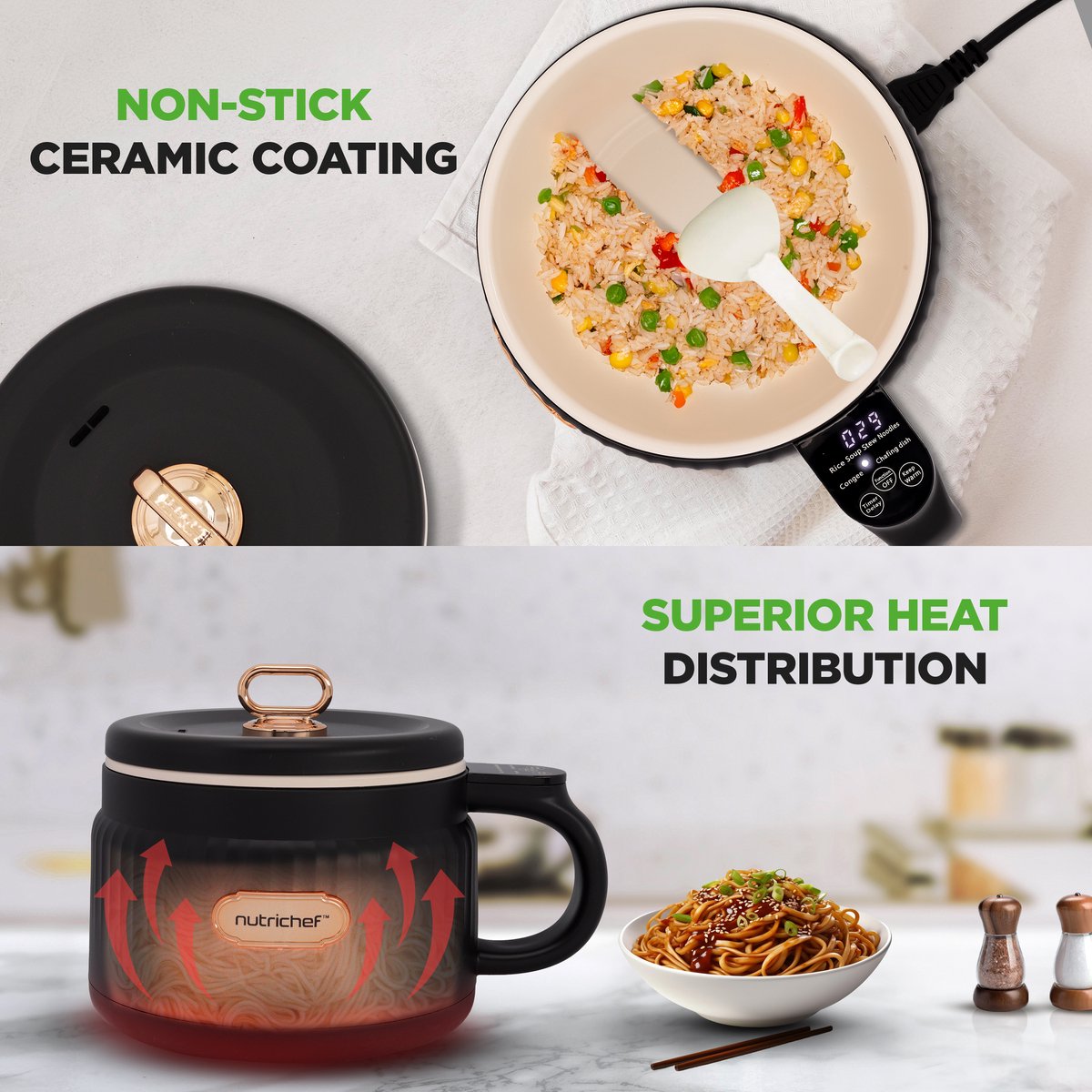 NutriChef Rijstkoker - 1,6L Draagbare Elektrische Multicooker- 6 Kookfuncties - Rijst, Soep, Stoofpot, Pap & Meer - Zwart – foto 2