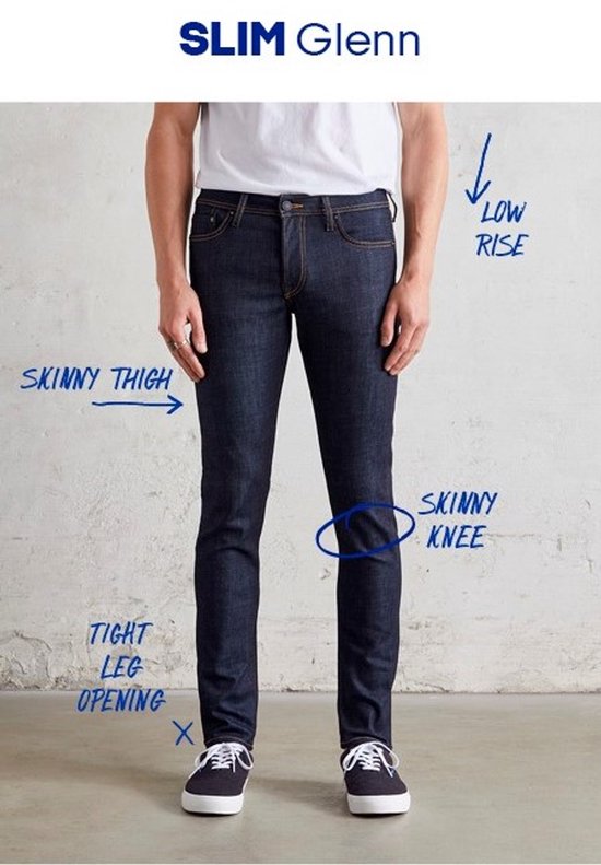 Model 'Glenn Original Loose Fit' met de tekst 'Skinny Thigh', 'Low Rise', 'Skinny Knee' en 'Tight Leg Opening'.