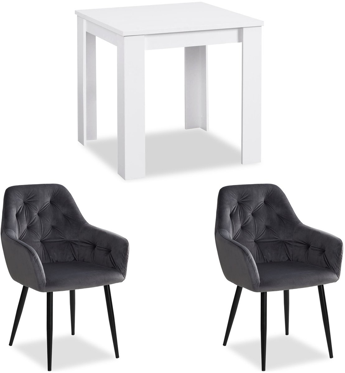 Homestyle4u Eethoeken - 80x80 cm - met 2 stoelen - Eettafel wit - Stoel Grijs