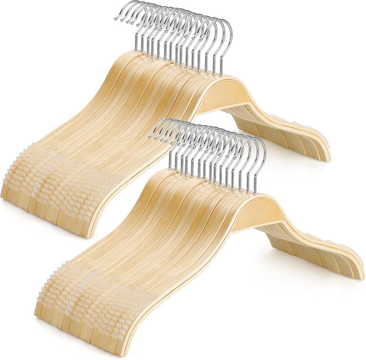 30x Dunne Houten Kledinghangers met Antislip Rubber - Luxe & Stevige Garderobehangers