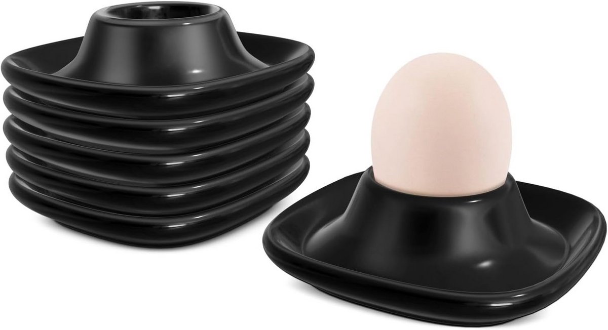 Set van 6 Eierdopjes Keramiek voor Zacht Gekookt Ei - Stapelbare Houders voor Ontbijt en Brunch - Zwart