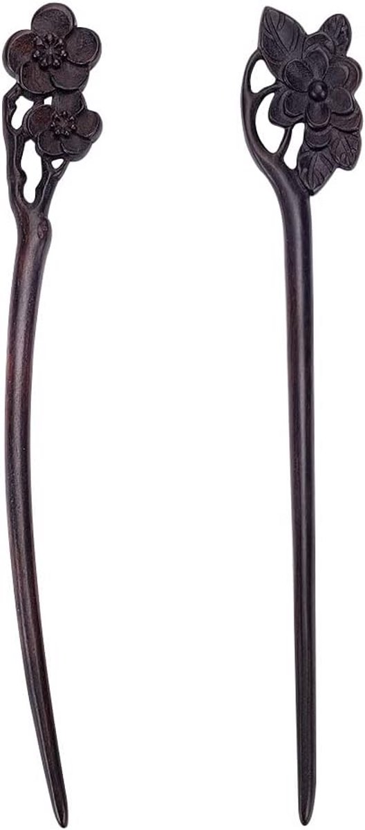 Set van 2 handgemaakte gesneden houten haarstokken voor knotjes - Vintage Chinese haarvork voor lang haar