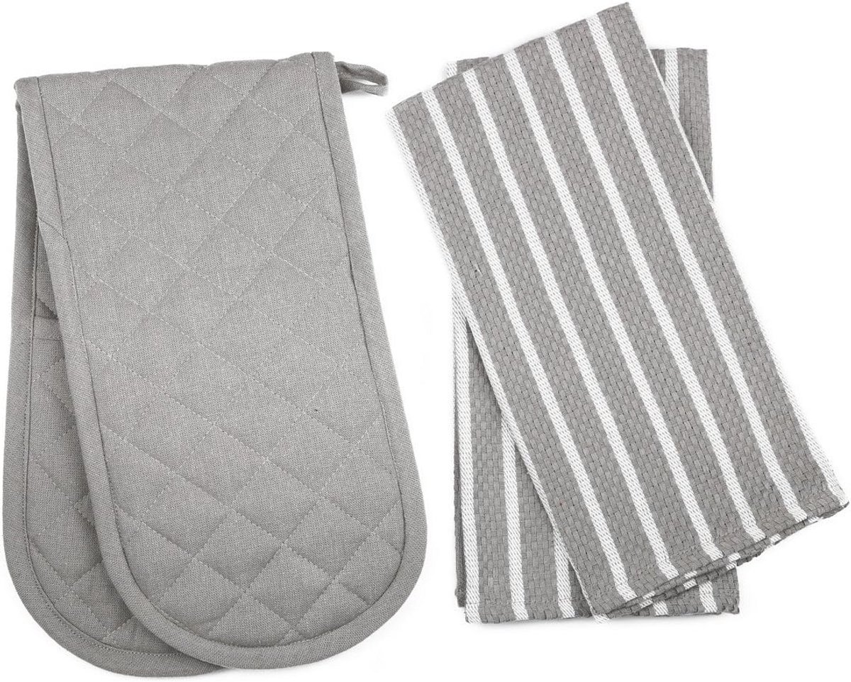 Ovensporthandschoen en Keukentextiel Set - 3 Delig Katoen Grijs