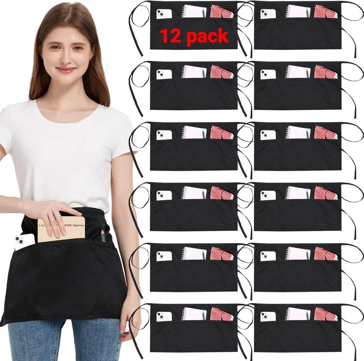 12-pack Kort Taille Schort met 3 Zakken en Verstelbare Band - Waterdicht Zwart