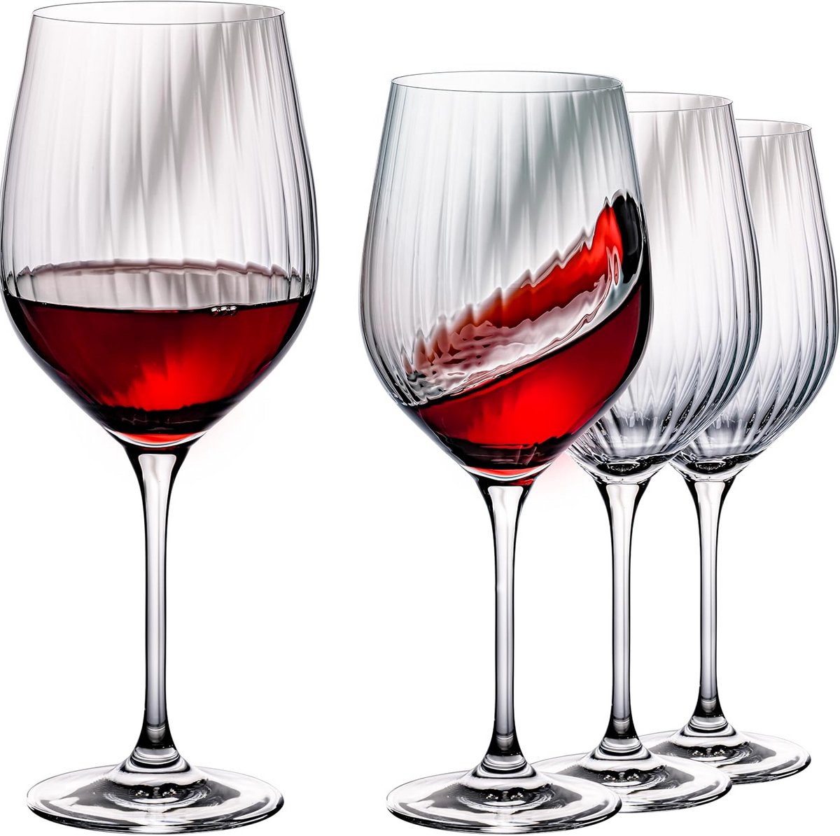 Set van 4 Ribbelde Rode Wijnglazen 450ml - Universeel Kristalglas
