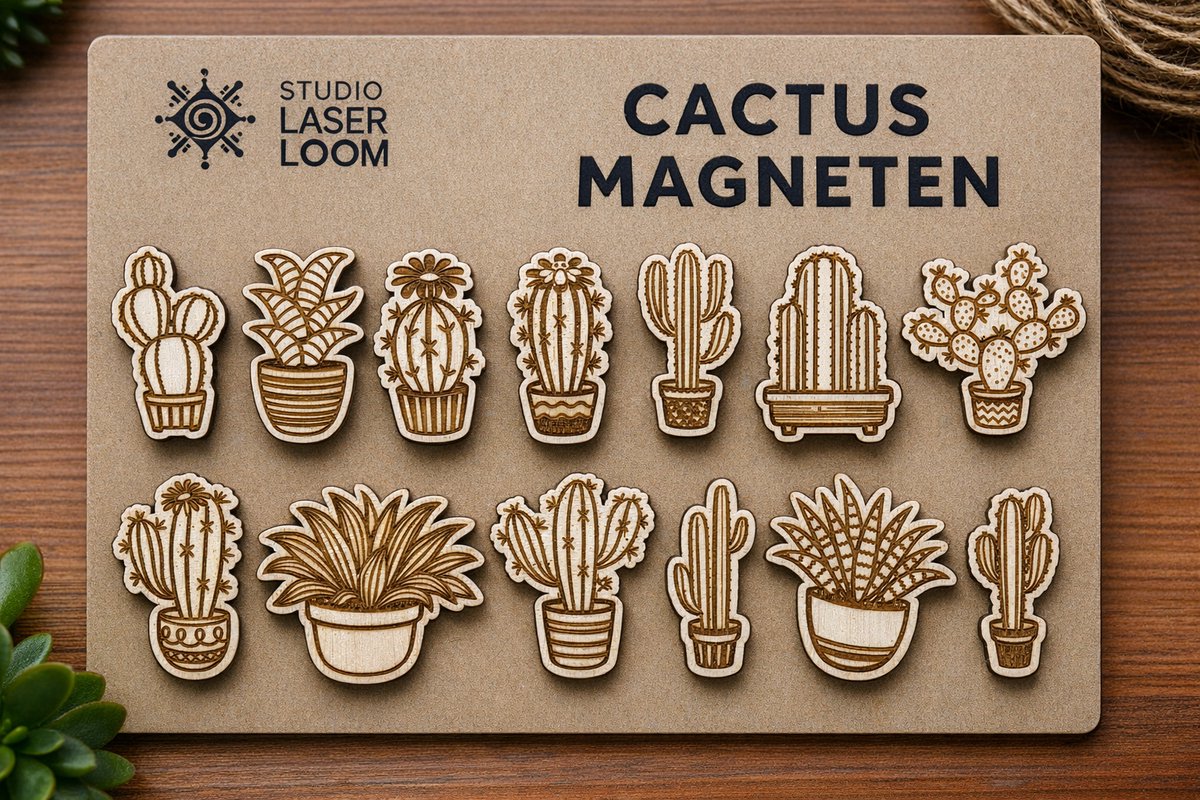 Koelkastmagneten Hout – Cactus en Planten – Set van 13 Stuks - hoogte 3,2 cm - maak je koelkast een stuk leuker met deze unieke magneten