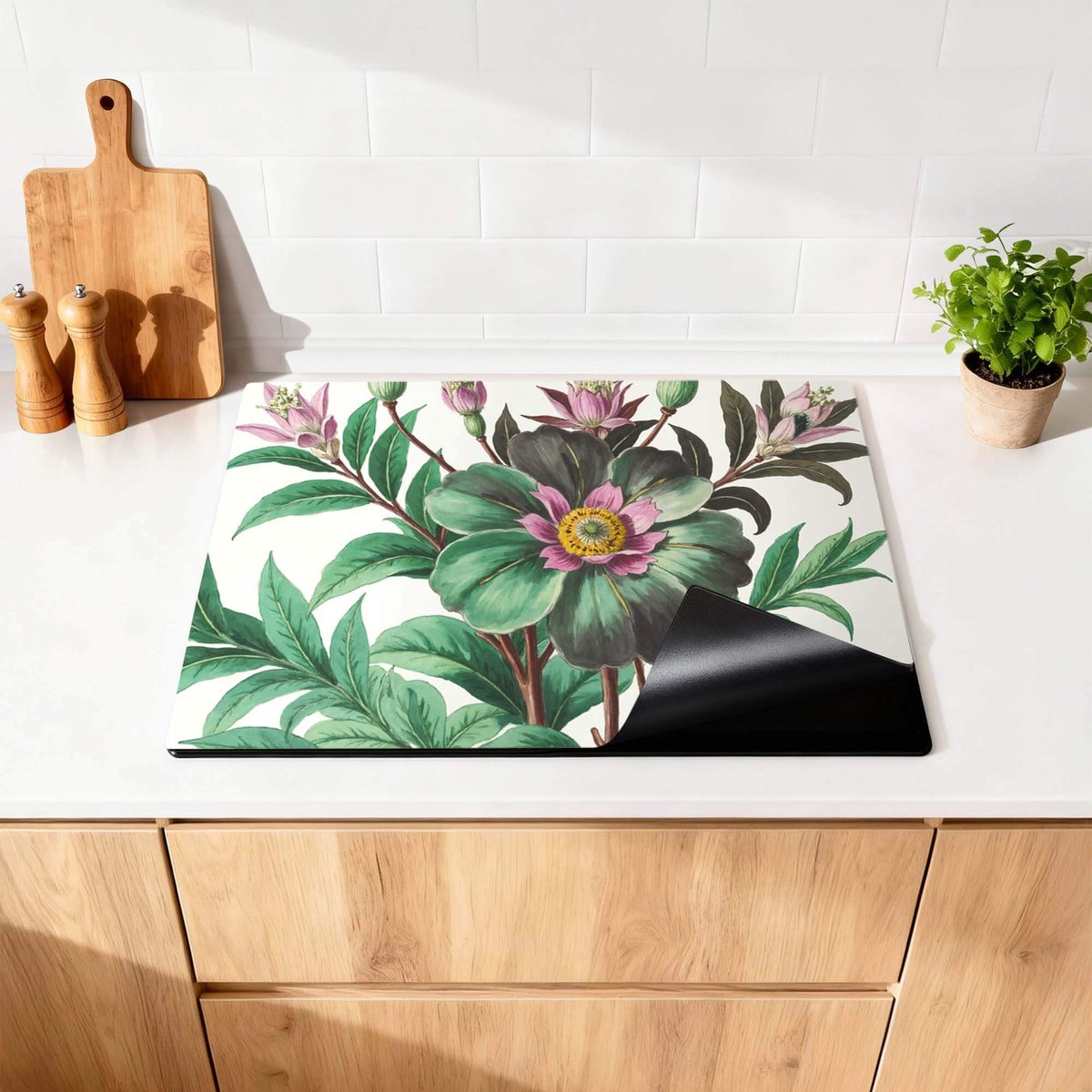 KitchenArt - Botanical Grace – Inductie Beschermer - 78x52 cm - Kookplaat Beschermer - Luxe Afdekplaat Inductieplaat - Anti-slip & Oprolbaar - Beschermmat Inductiekookplaat
