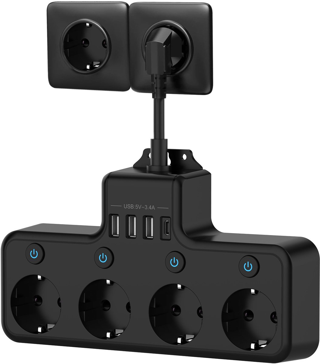 stekker, stekkerdoos, wandcontactdoos, USB-poort, adapter met onafhankelijke schakelaar en indicatielampje, stekkerblok, korte kabel 4 gaten, USB-verlengsnoer, multifunctionele stopcontact