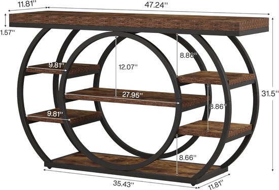 Afmetingen van een bruine consoletafel met zwarte metalen cirkel-structuur en 5 open vakken.