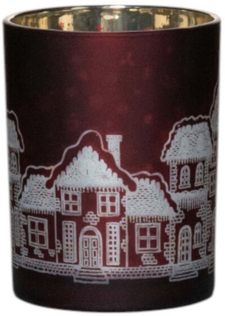 Mars & More Theelichthouder - huizen - rood - medium - 12cm - Waxinelicht