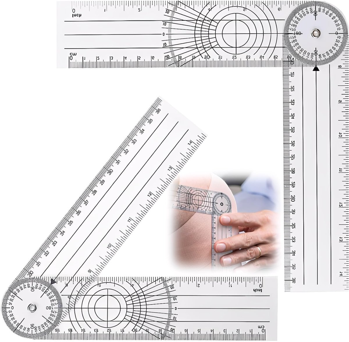 2 stuks 360° draaibare pvc-bioscoop-goniometer, cm/inch, multifunctionele bioscoop-goniometer voor dagelijkse meting en cartografie en wervelkolom-liniaal