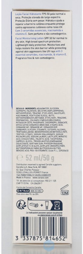 CeraVe Hydraterende Gezichtscrème SPF50 - voor Normale tot Droge Huid - met 3 Essentiële Ceramiden -52ml