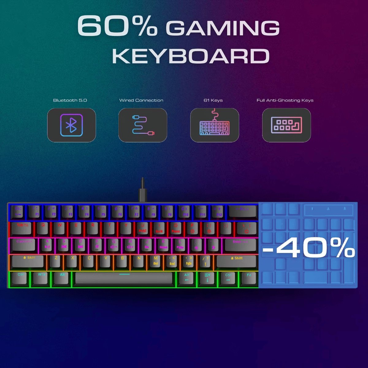 TMICE CX23 – 60% Mechanical Keyboard – Blue Switch – RGB Backlight – Zwart Mechanisch Gaming Toetsenbord – Compact Wired Type-C – 61 Keys – Anti-Ghosting – Ergonomic Design thumbnail 4