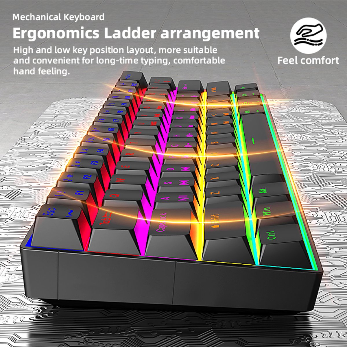 TMICE CX23 – 60% Mechanical Keyboard – Blue Switch – RGB Backlight – Zwart Mechanisch Gaming Toetsenbord – Compact Wired Type-C – 61 Keys – Anti-Ghosting – Ergonomic Design thumbnail 5