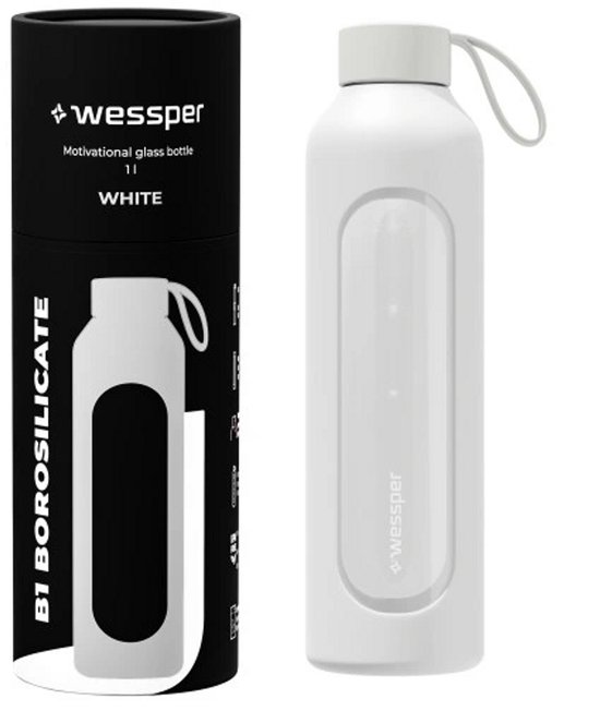 Wessper Glazen Drinkfles 1 Liter – Met Tijdsaanduiding, BPA-vrij, Borosilicaatglas, Bamboe Deksel, Siliconen Hoes, Grijs