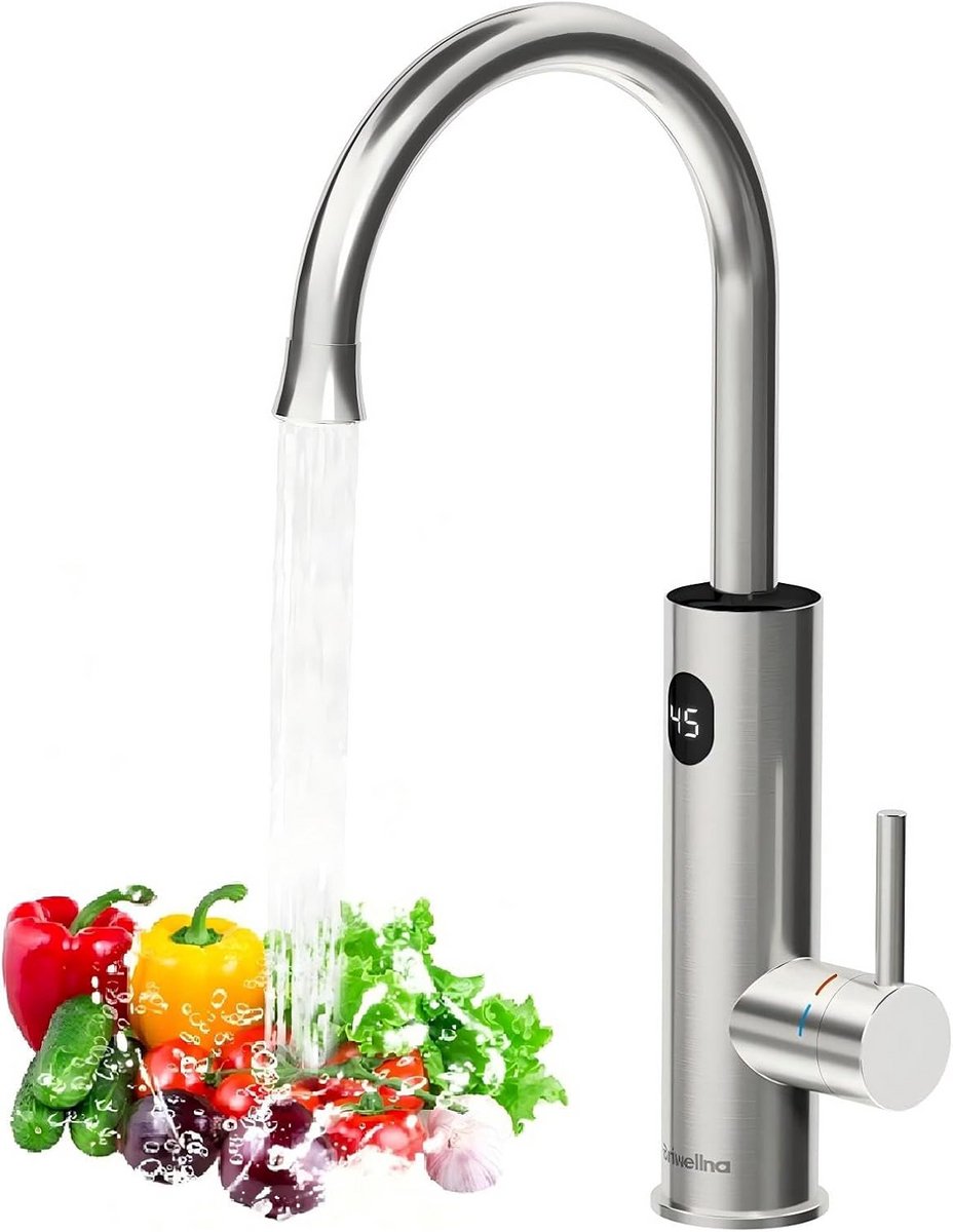 RVS Warmwaterkraan met Digitale Display - Direct Heet Water, 360° Draaibaar