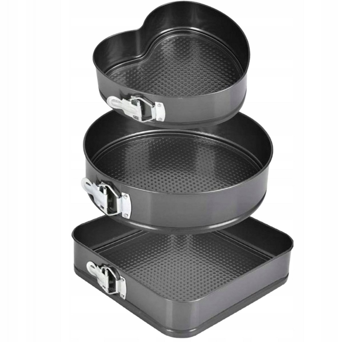 Set van 3 Springvormen – Rond, Vierkant en Hartvorm – Bakvormen met Losse Bodem 24/26/28 cm
