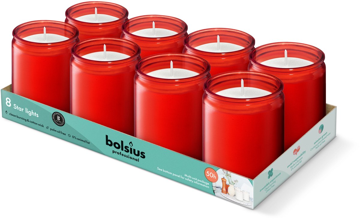 Bolsius Starlight - Rood - Kaarsen in Glas - 8 Stuks - 6 Branduren