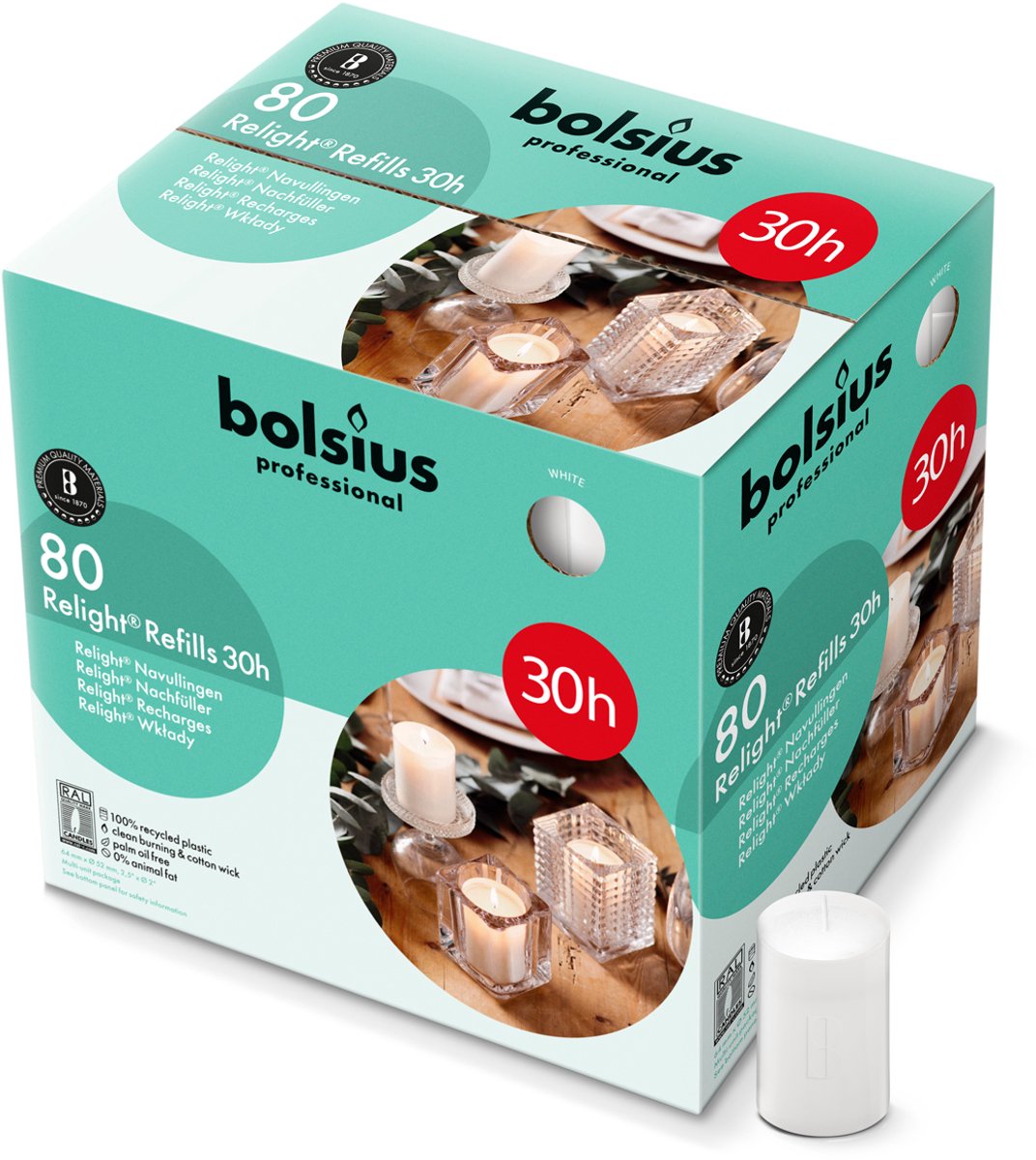 Bolsius Horeca Relight - Navulling - 64/52 - 80 stuks per verpakking - Wit