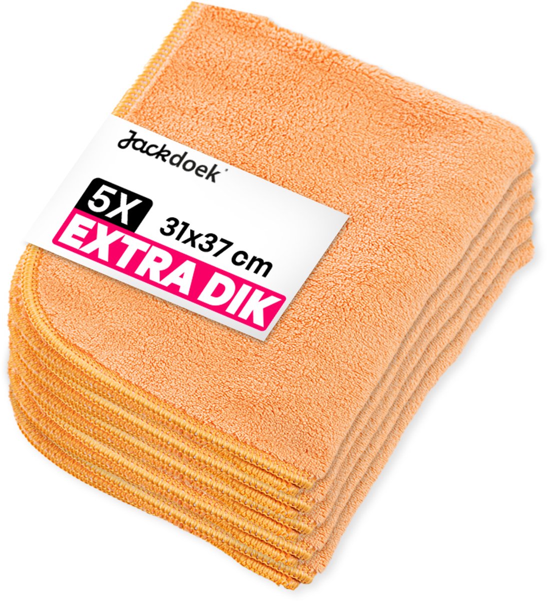 Jackdoek Classic Microvezeldoekjes - 5 pack - 31x37cm - Extra dik - Oranje - Streeploos, Sterk absorberend en Wasbaar - Voor Glas, Tegels, Keuken, Badkamer, Auto, Beeldscherm