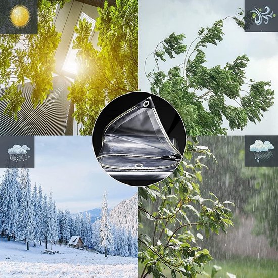 Collage: zonnige dag met gebouw, winderige boom, sneeuwlandschap, regen en een detail van het transparante zeildoek.